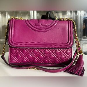 Authentic Tory Burch Fleming Magenta Quilted Crossbody Bag